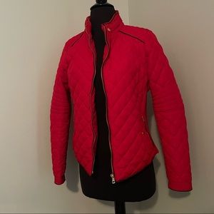Red puffer jacket
